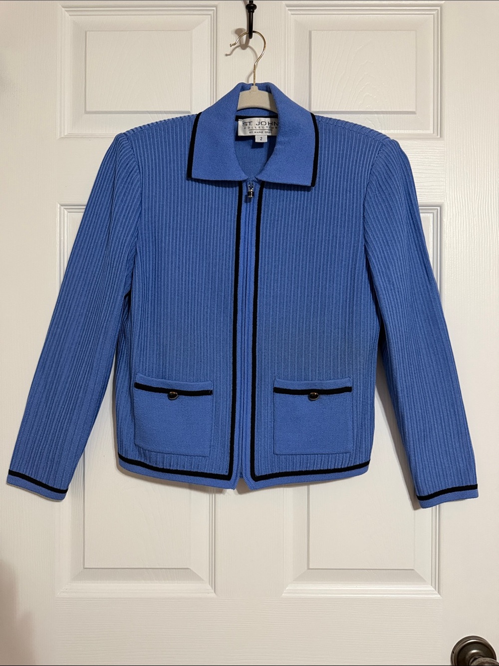 St. John Blue Knit Zip Jacket with Black Trim